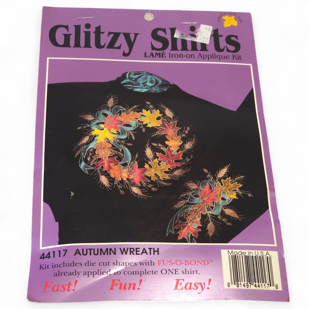 Vintage 1994 Glitzy Shirts Autumn Wreath Iron On Applique Kit 44117 Lame MCM DIY
